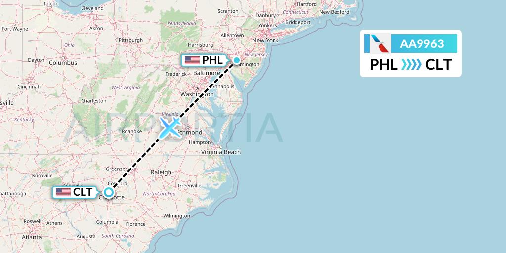 AA9963 American Airlines Flight Map: Philadelphia to Charlotte