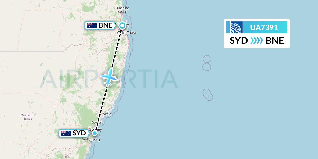 UA7391 United Airlines Flight Map: Sydney to Brisbane