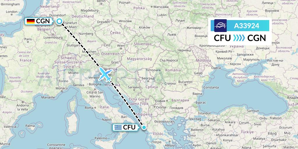 A33924 Aegean Airlines Flight Map: Corfu to Cologne