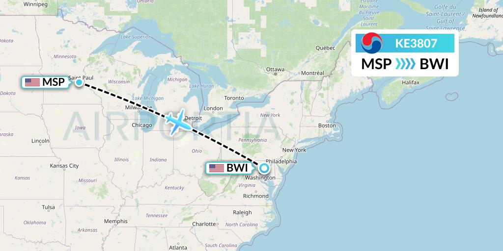 KE3807 Korean Air Flight Map: Minneapolis to Baltimore