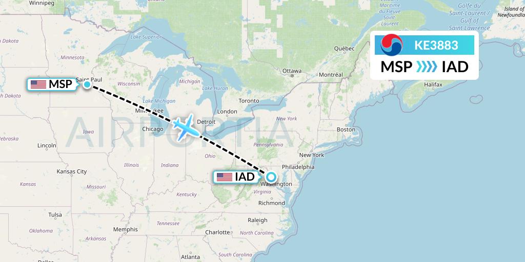 KE3883 Korean Air Flight Map: Minneapolis to Washington
