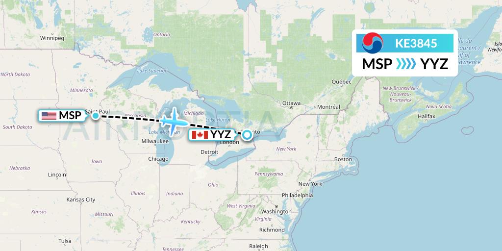 KE3845 Korean Air Flight Map: Minneapolis to Toronto