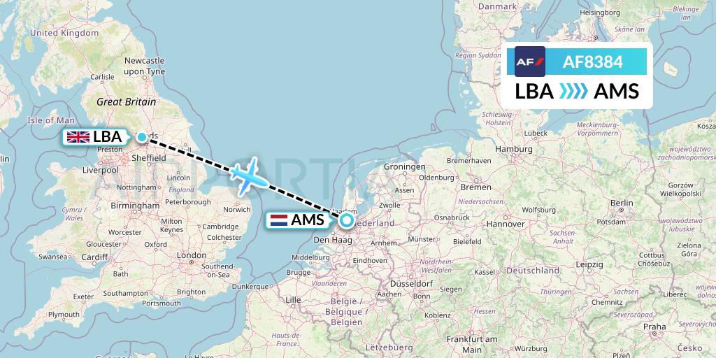 AF8384 Air France Flight Map: Leeds to Amsterdam