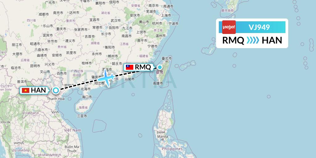 VJ949 VietJet Air Flight Map: Taichung to Hanoi