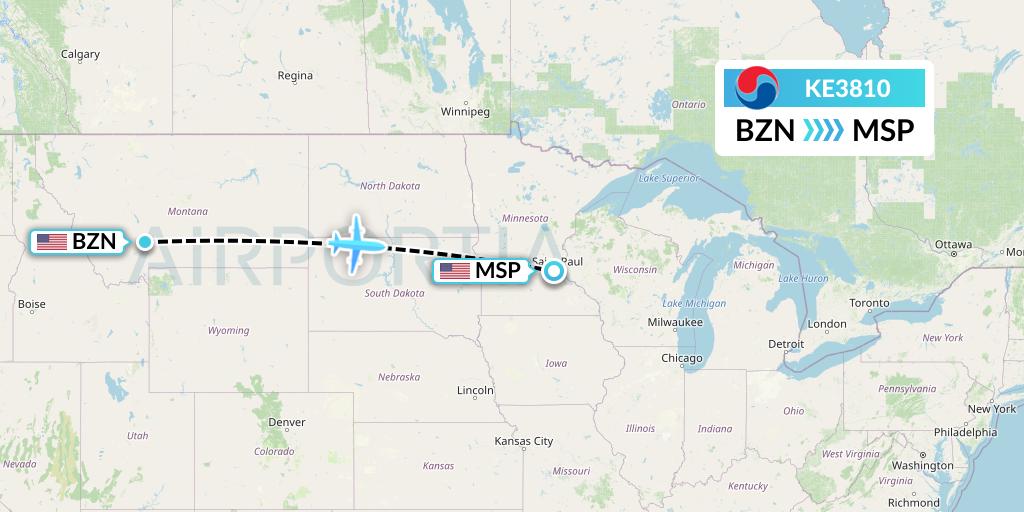 KE3810 Korean Air Flight Map: Bozeman to Minneapolis