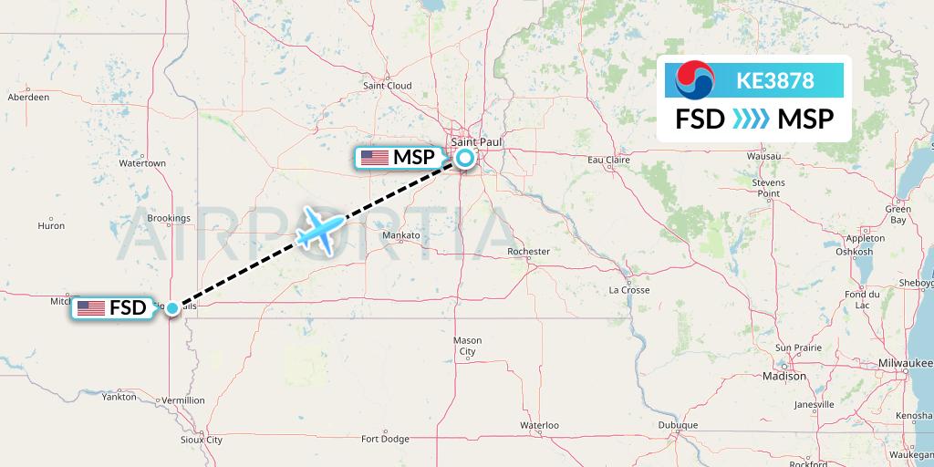 KE3878 Korean Air Flight Map: Sioux Falls to Minneapolis