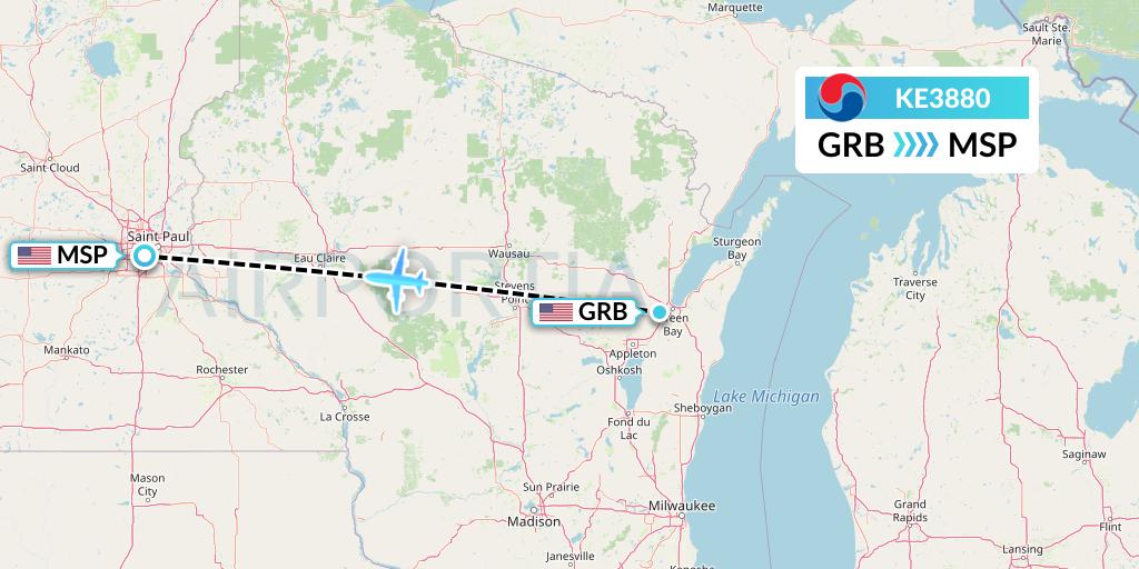 KE3880 Korean Air Flight Map: Green Bay to Minneapolis