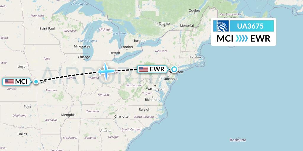 UA3675 United Airlines Flight Map: Kansas City to New York