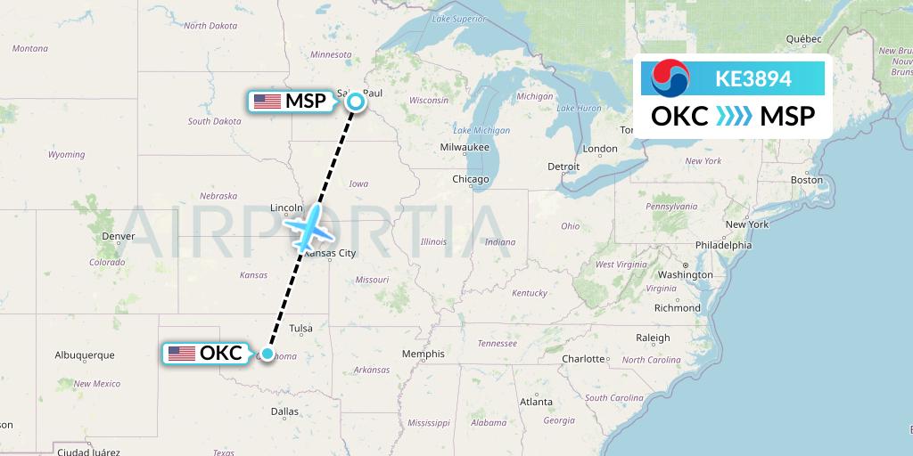 KE3894 Korean Air Flight Map: Oklahoma City to Minneapolis