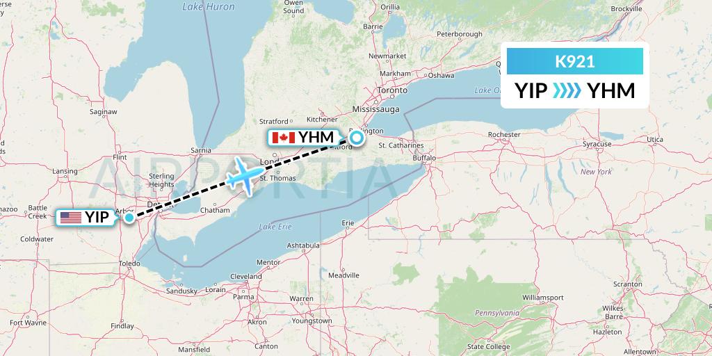 K921 Kalitta Charters Flight Map: Detroit to Hamilton