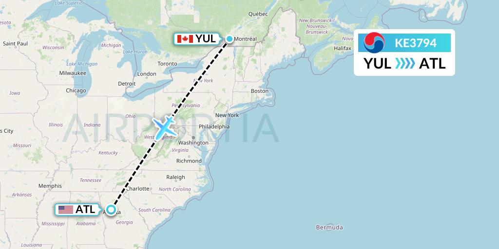 KE3794 Korean Air Flight Map: Montreal to Atlanta