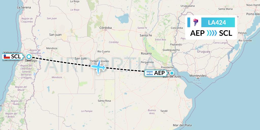 LA424 LAN Airlines Flight Map: Buenos Aires to Santiago