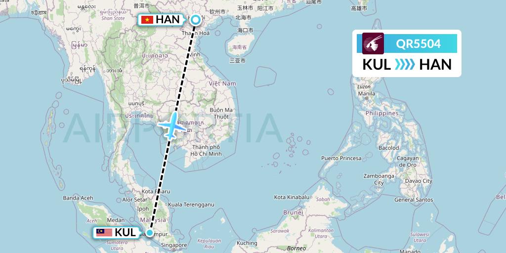 QR5504 Qatar Airways Flight Map: Kuala Lumpur to Hanoi