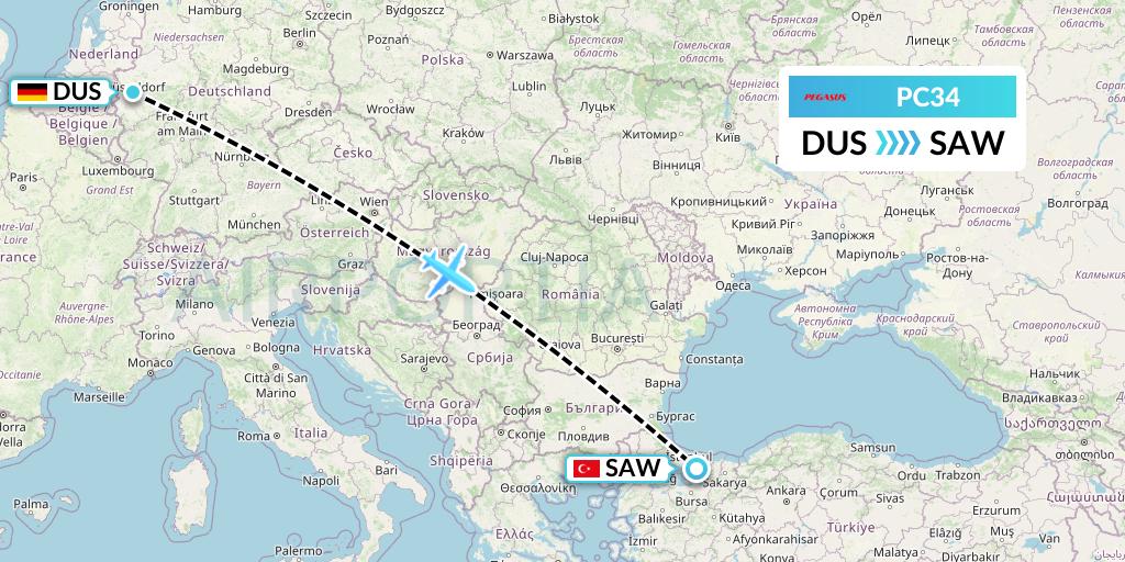 PC34 Pegasus Airlines Flight Map: Dusseldorf to Istanbul