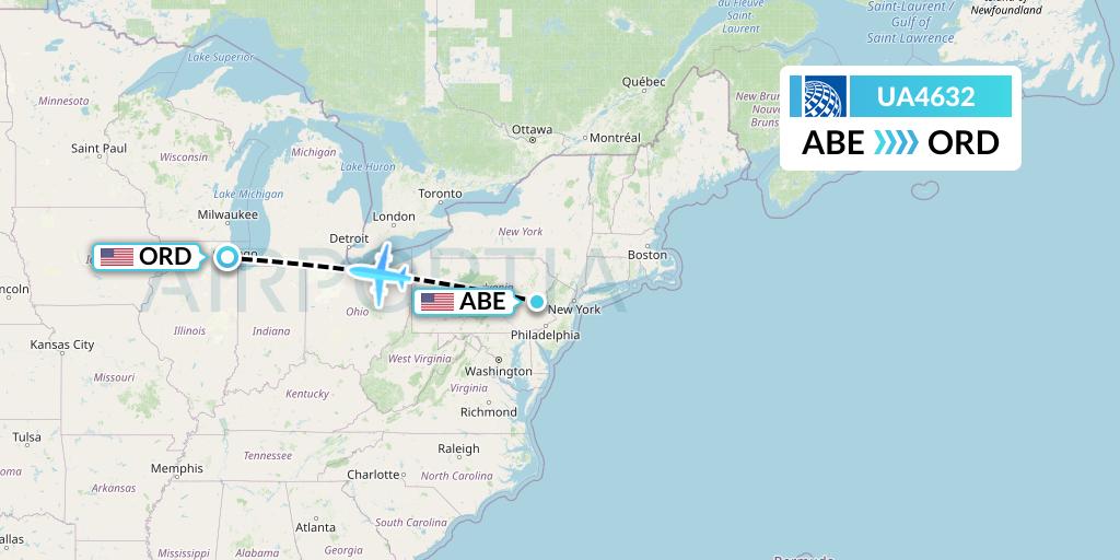 UA4632 United Airlines Flight Map: Allentown to Chicago