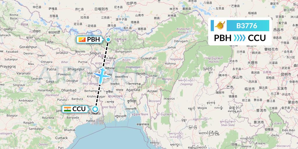 B3776 Bhutan Airlines Flight Map: Paro to Kolkata