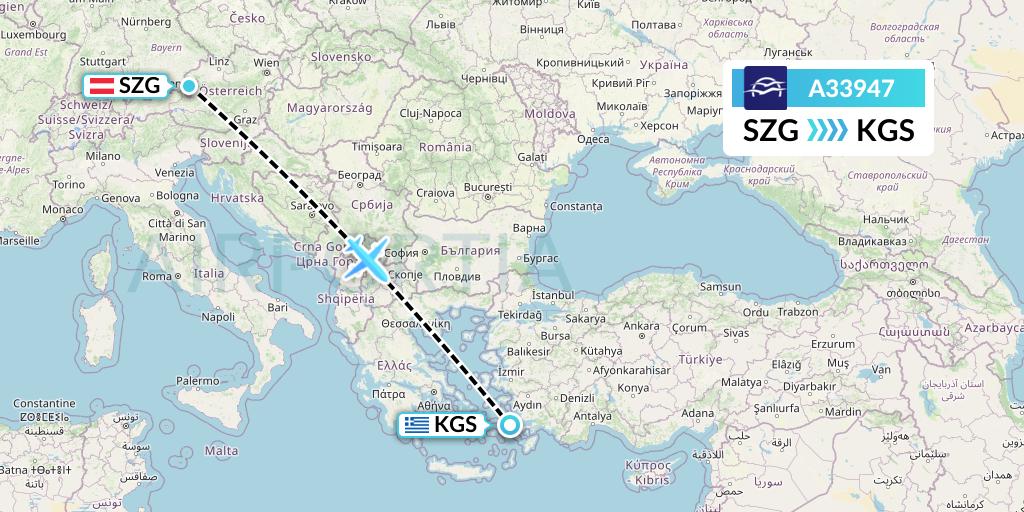 A33947 Aegean Airlines Flight Map: Salzburg to Kos