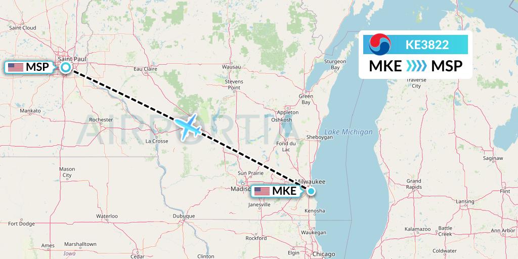 KE3822 Korean Air Flight Map: Milwaukee to Minneapolis