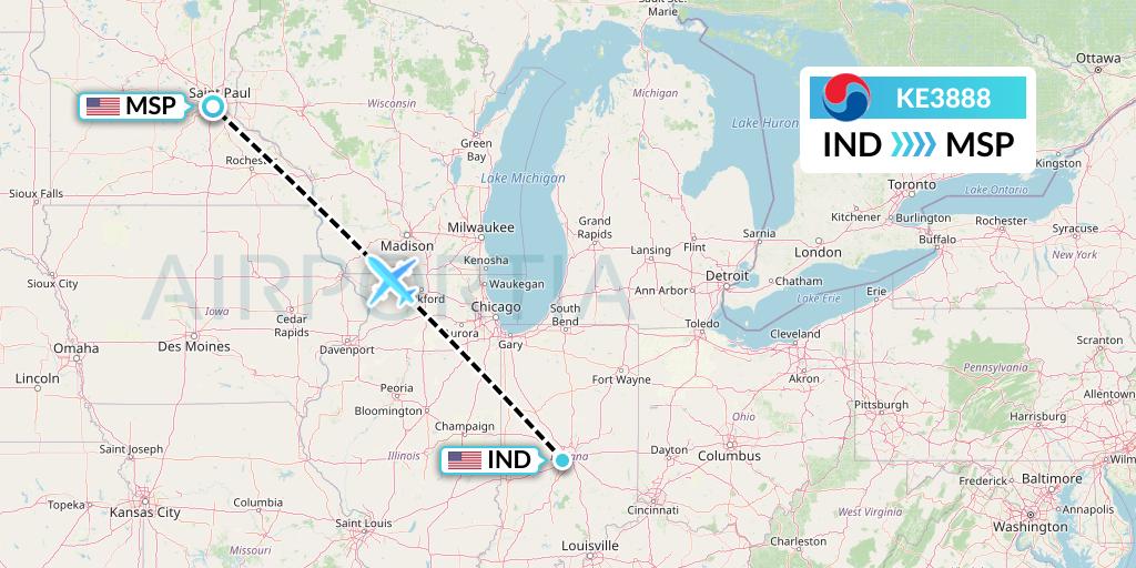 KE3888 Korean Air Flight Map: Indianapolis to Minneapolis