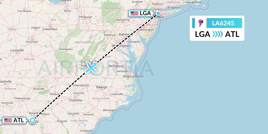 LA6245 LAN Airlines Flight Map: New York to Atlanta