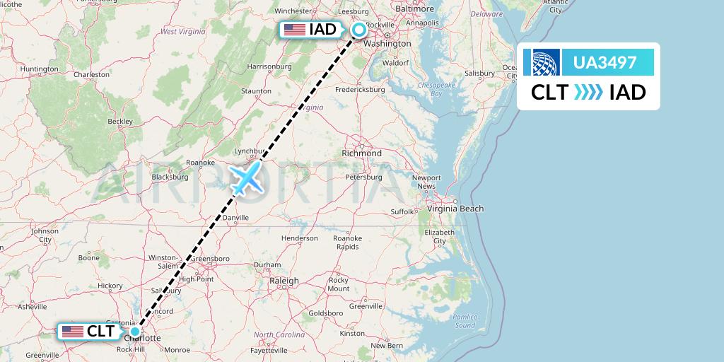 UA3497 United Airlines Flight Map: Charlotte to Washington
