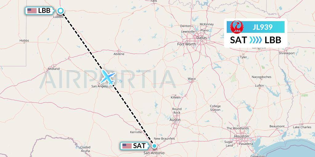 JL939 Japan Airlines Flight Map: San Antonio to Lubbock