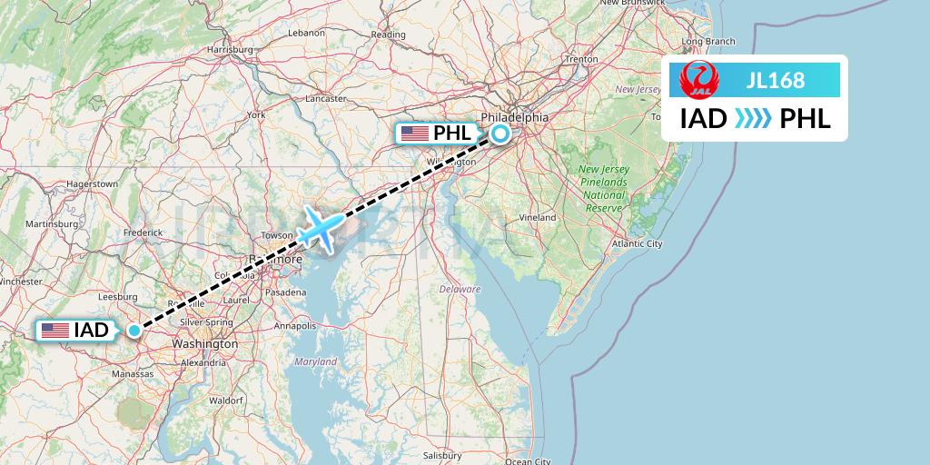 JL168 Japan Airlines Flight Map: Washington to Philadelphia