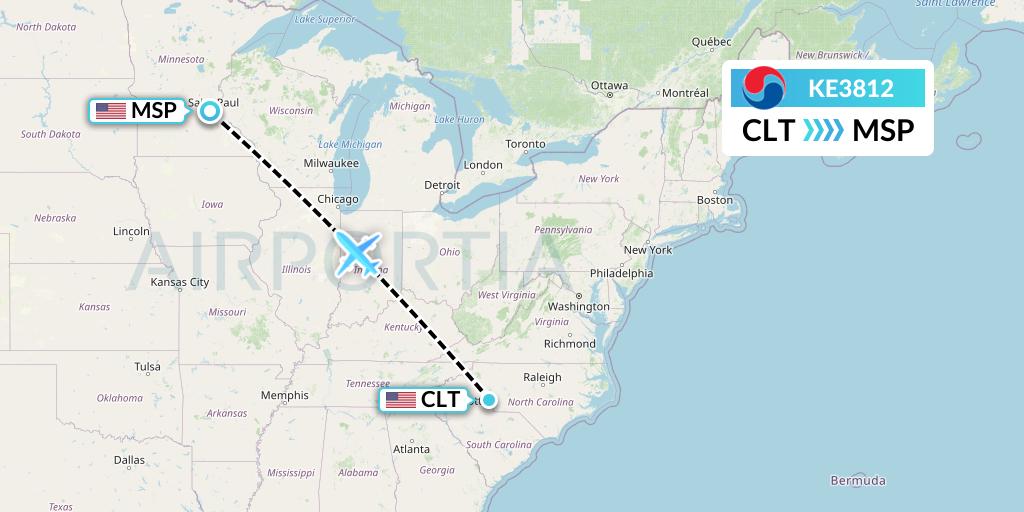 KE3812 Korean Air Flight Map: Charlotte to Minneapolis