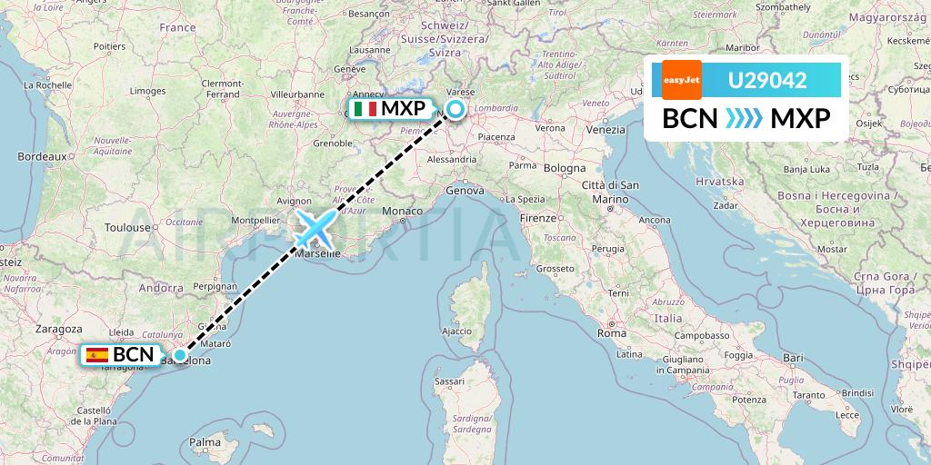 U29042 EasyJet Flight Map: Barcelona to Milan
