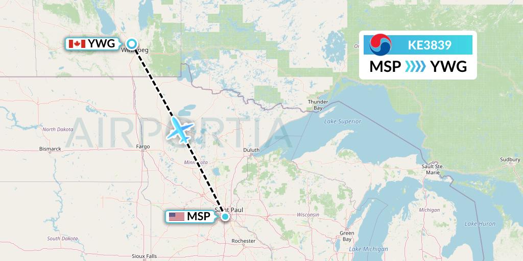 KE3839 Korean Air Flight Map: Minneapolis to Winnipeg