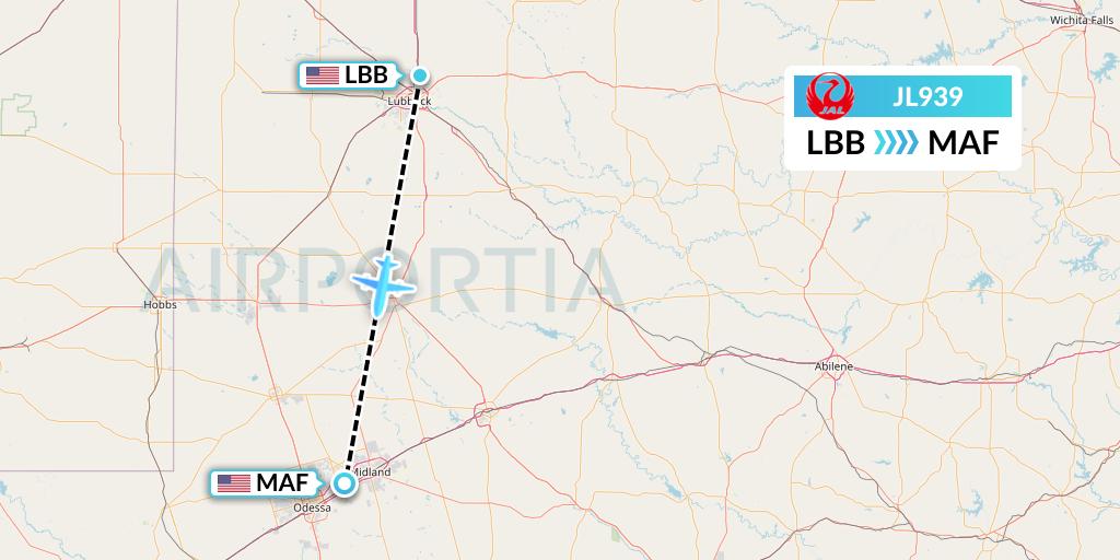 JL939 Japan Airlines Flight Map: Lubbock to Midland