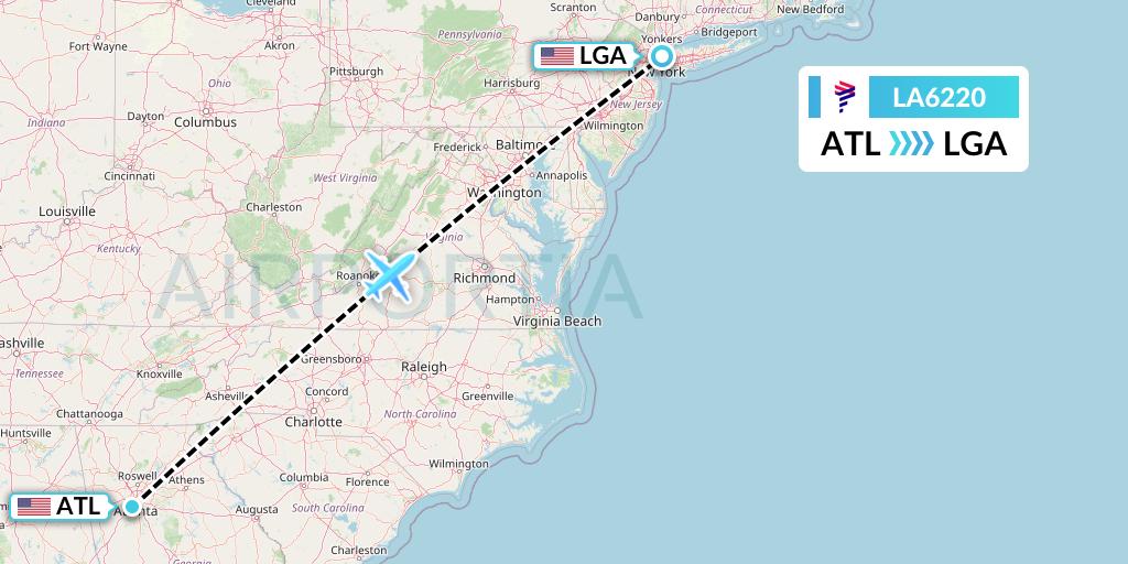 LA6220 LAN Airlines Flight Map: Atlanta to New York
