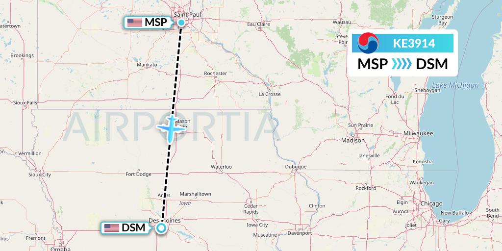 KE3914 Korean Air Flight Map: Minneapolis to Des Moines