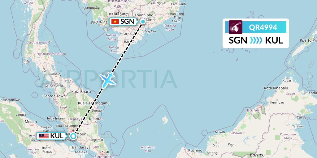 QR4994 Qatar Airways Flight Map: Ho Chi Minh City to Kuala Lumpur