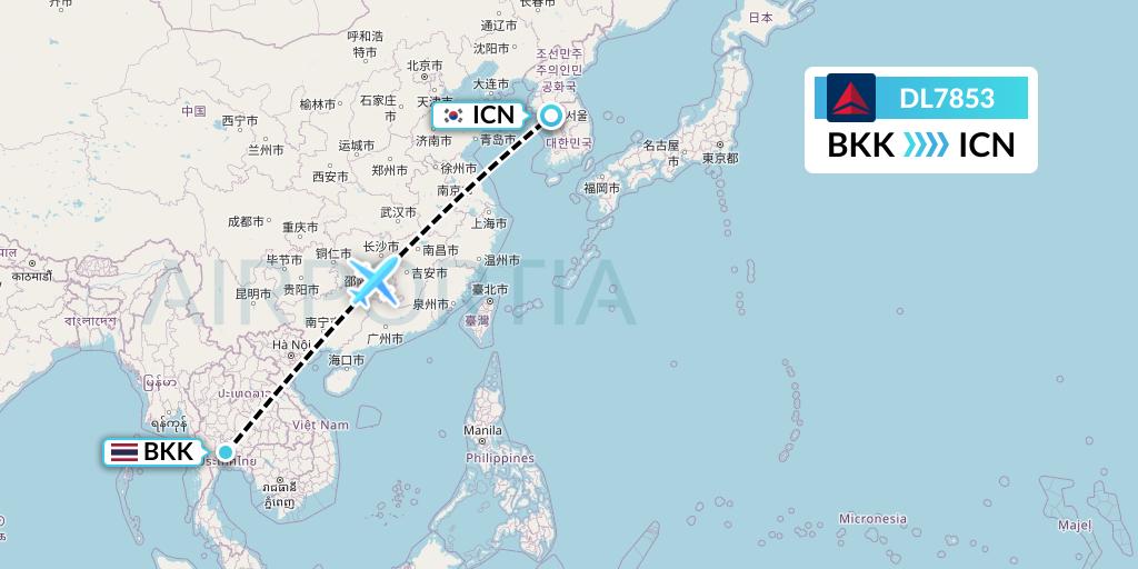 DL7853 Delta Air Lines Flight Map: Bangkok to Seoul