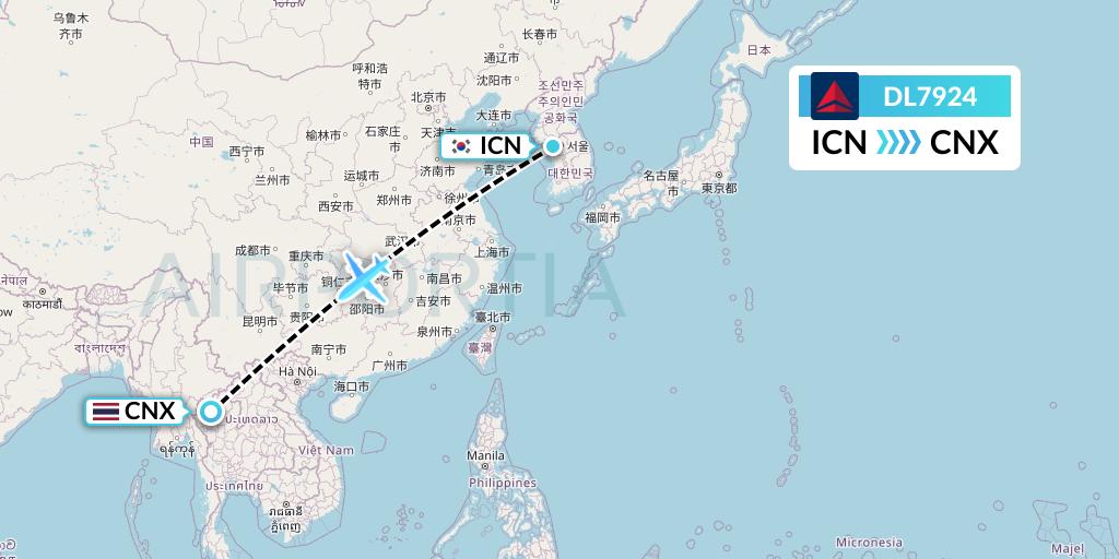 DL7924 Delta Air Lines Flight Map: Seoul to Chiang Mai