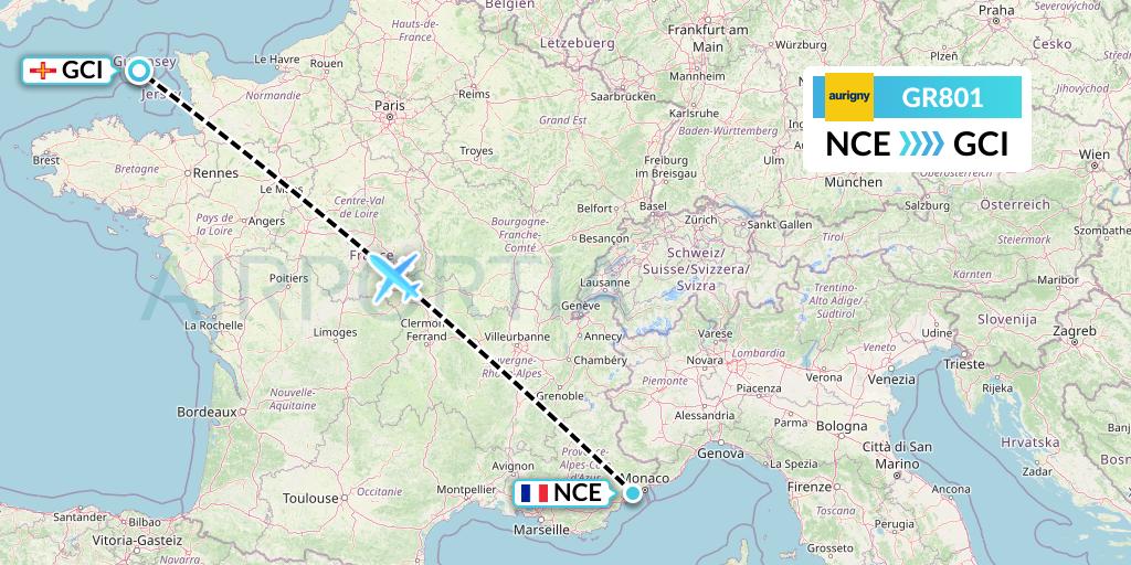 GR801 Aurigny Air Services Flight Map: Nice to Guernsey