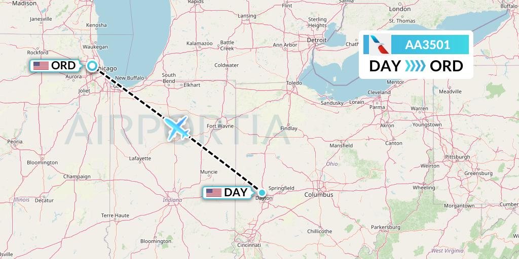 AA3501 American Airlines Flight Map: Dayton to Chicago