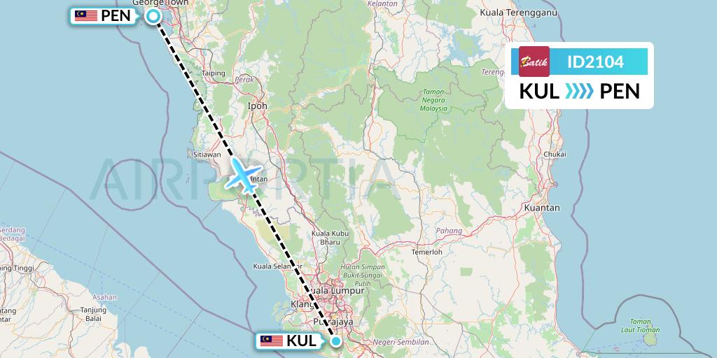 ID2104 Batik Air Flight Map: Kuala Lumpur to Penang