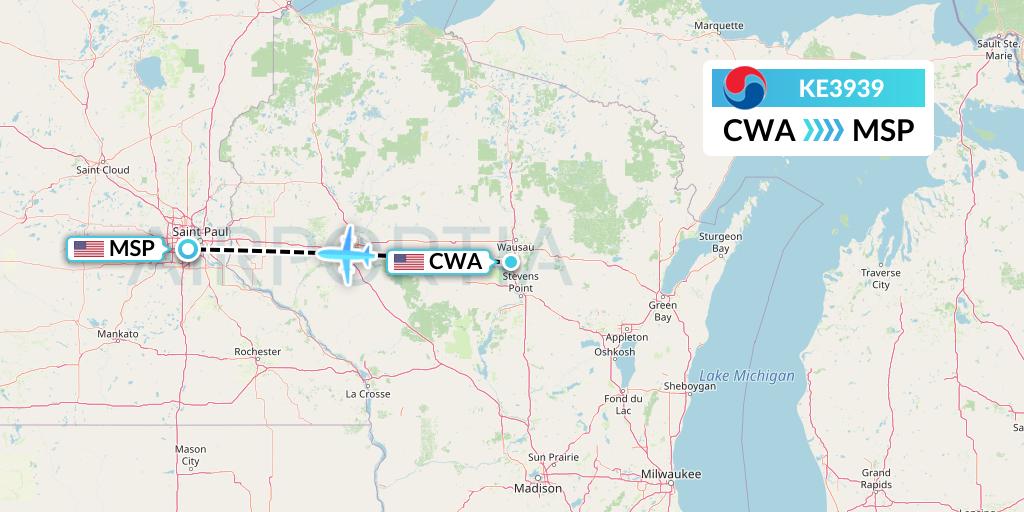 KE3939 Korean Air Flight Map: Wausau to Minneapolis