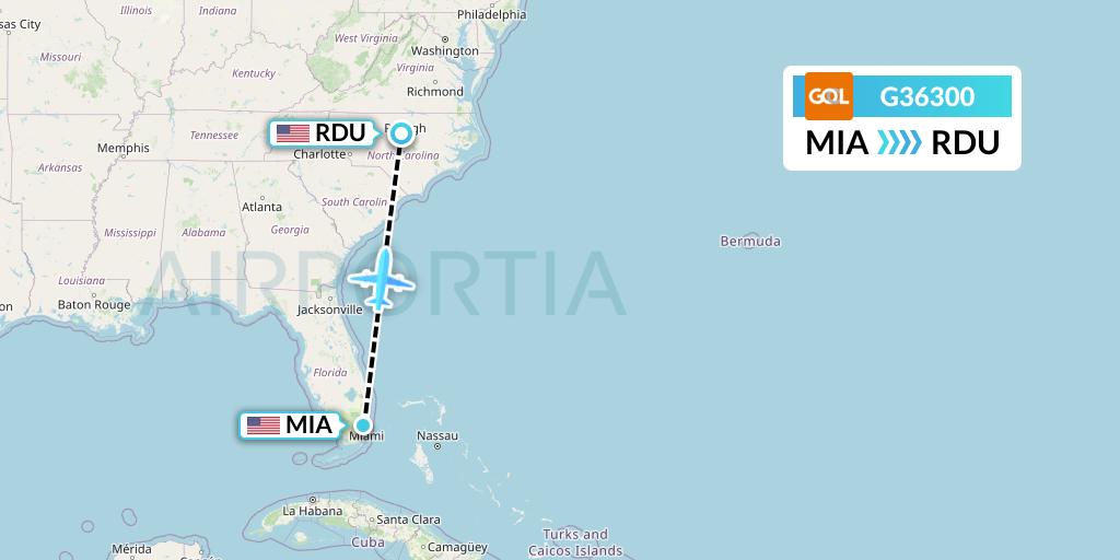 G36300 GOL Transportes Aeros Flight Map: Miami to Raleigh-Durham