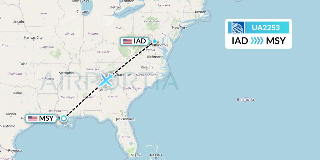 UA2253 United Airlines Flight Map: Washington to New Orleans