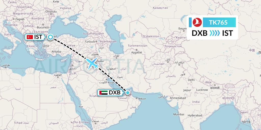 TK765 Turkish Airlines Flight Map: Dubai to Istanbul