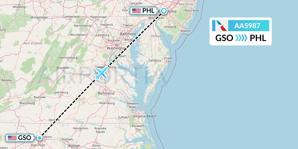 AA5987 American Airlines Flight Map: Greensboro to Philadelphia