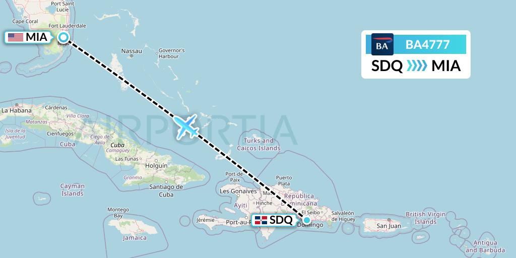 BA4777 British Airways Flight Map: Santo Domingo to Miami