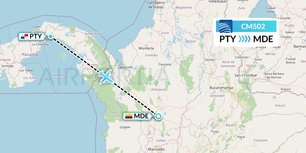 CM502 Copa Airlines Flight Map: Panama City to Medellin