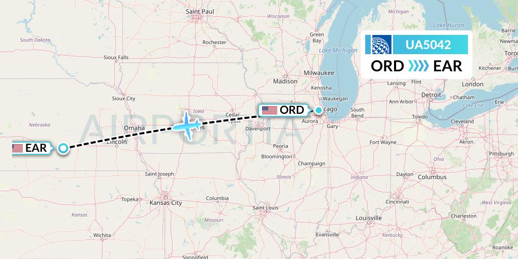 UA5042 United Airlines Flight Map: Chicago to Kearney