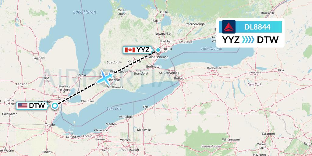 DL8844 Delta Air Lines Flight Map: Toronto to Detroit