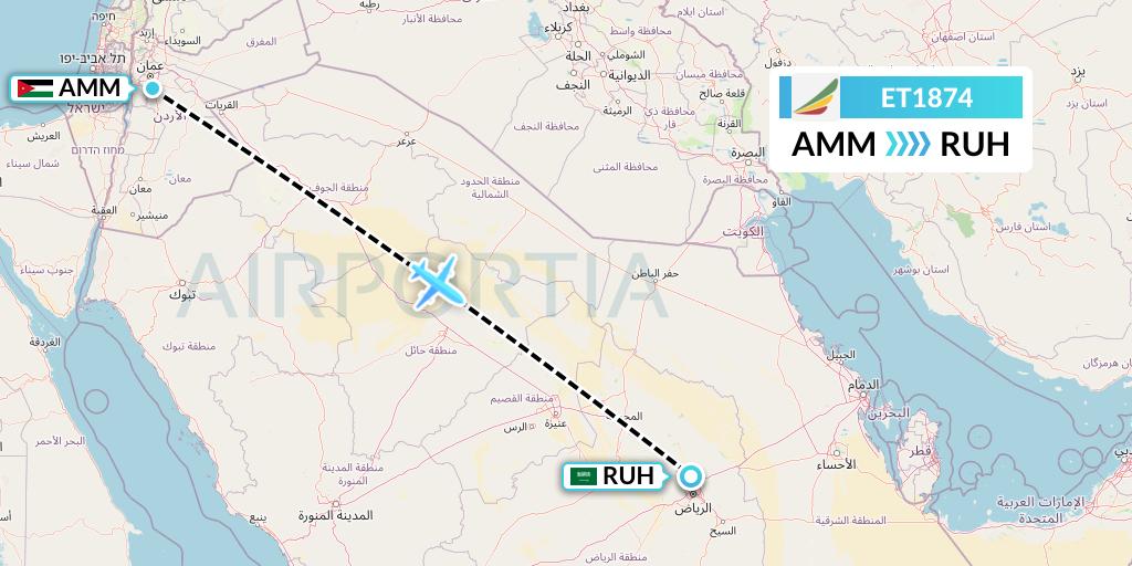 ET1874 Ethiopian Airlines Flight Map: Amman to Riyadh