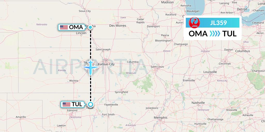 JL359 Japan Airlines Flight Map: Omaha to Tulsa